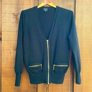 Colour Works Merino Wool Gold Zip Retro Black Cardigan Sz XL 90s